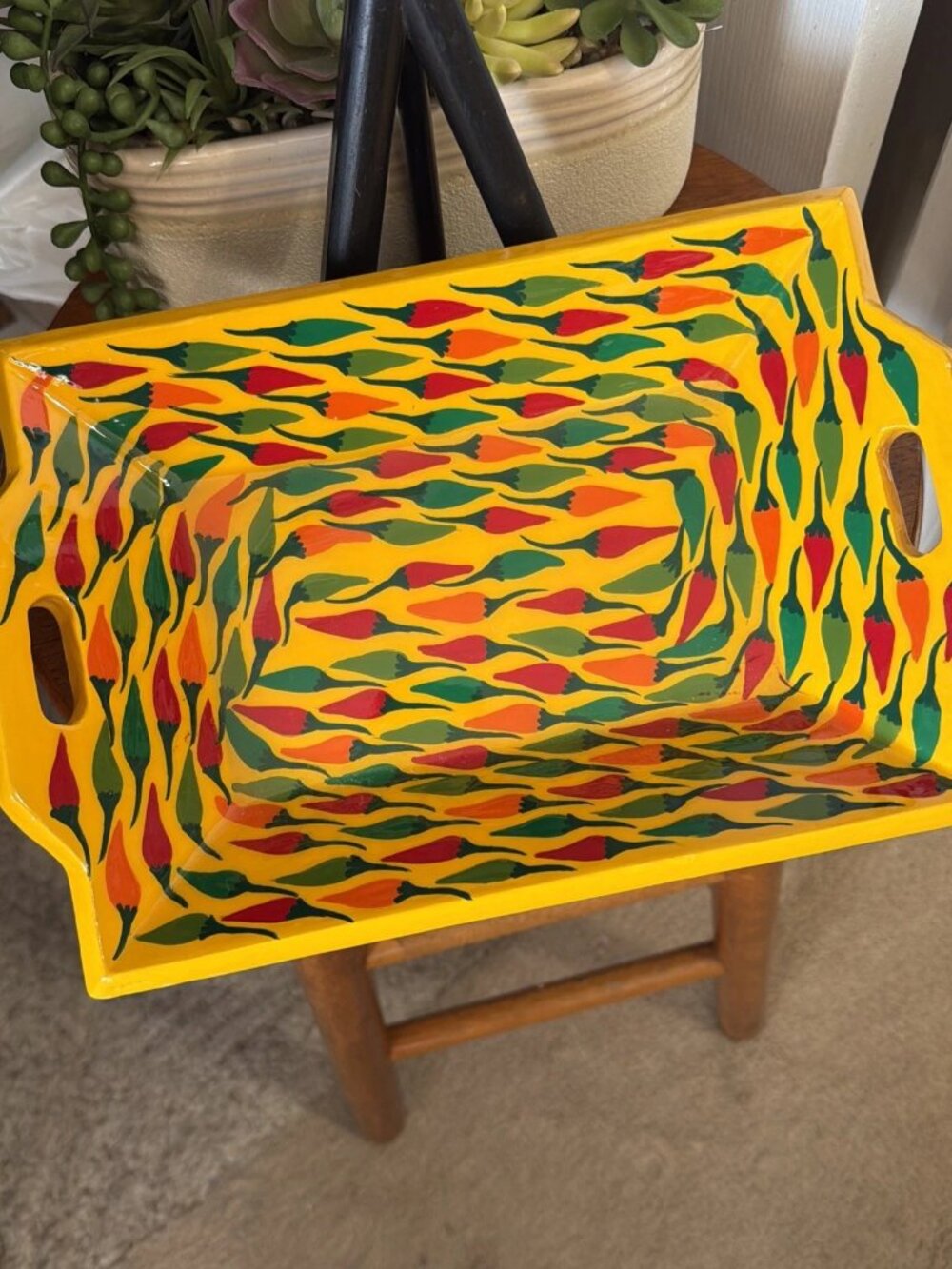 Wooden Serving Tray With Hand-Painted Mexican Chili Peppers In Yellow - Mexico